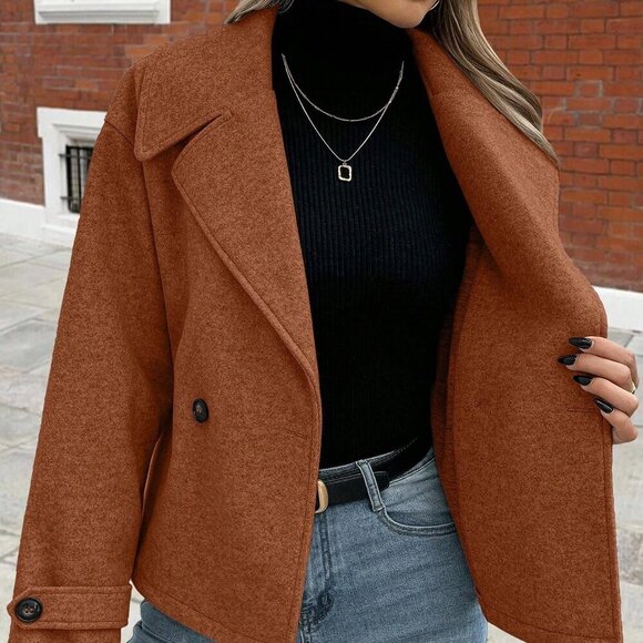 Brown Casual Women's Oversized Collar Button down Long Sleeve Coat - Picture 7 of 7